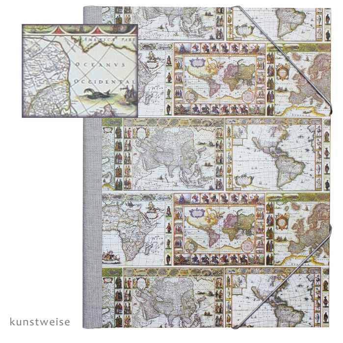 Sammelmappe, Dokumentenmappe A4 mit Motiv Weltkarten, antik